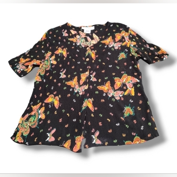 90s Butterfly Slinky Crepe Jacqueline Lauren Stretch Button Up Whimsygoth Blouse - Picture 4 of 16